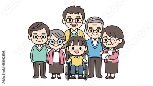 A happy extended family including grandparents, parents, and a child in a wheelchair standing together and smiling