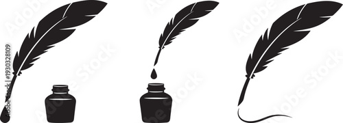 Feather with drop of ink and bottle, vintage quill pen and inkwell Illustration on white background