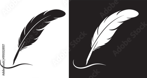 Feather with drop of ink and bottle, vintage quill pen and inkwell Illustration on white background