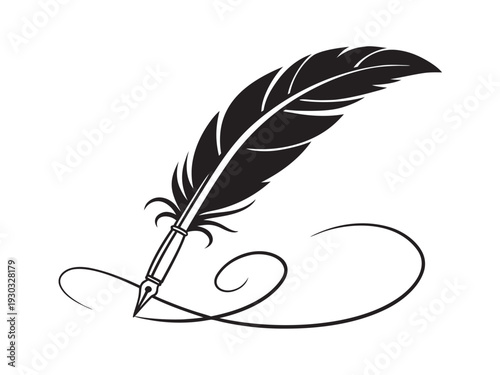 Feather with drop of ink and bottle, vintage quill pen and inkwell Illustration on white background