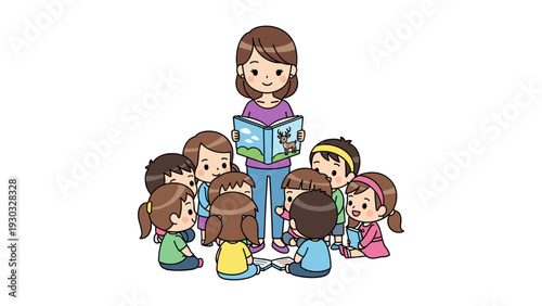 A teacher reads a book to a group of young children sitting attentively on the floor in a classroom setting