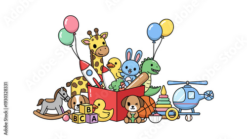 A colorful illustration of children's toys overflowing from a red box with playful characters and balloons