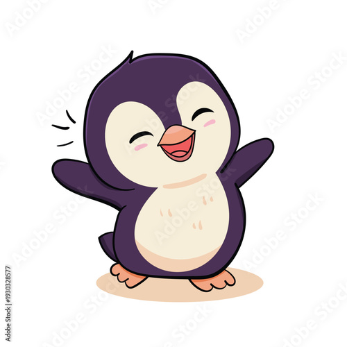 Cute cartoon penguin character illustration with purple body and cream belly, smiling widely while raising both hands in a cheerful pose, standing on a simple, clean, plain background