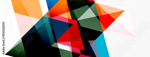 Abstract geometric shapes overlap, creating vibrant color blocks. Composition feels dynamic, modern, minimalist.