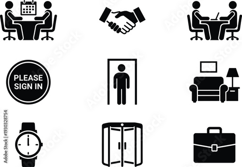 Business and Office Interaction Icon Set with Meeting Handshake Sign In Lobby Watch Door and Briefcase Symbols