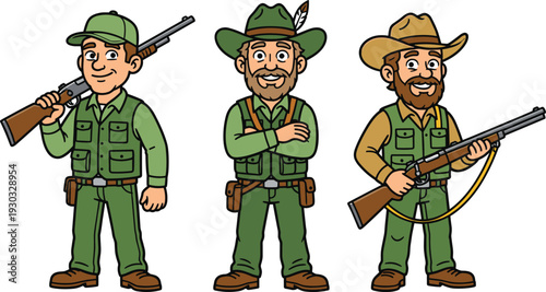 Cartoon hunters with rifles wearing green uniforms and hats outdoor wildlife shooting characters vector illustration