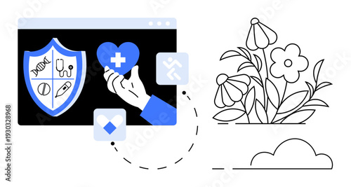 Health services, digital health, wellness, environmental care, online protection, technology. Hand holding heart with medical cross, shield with icons nature elements. Health services and digital