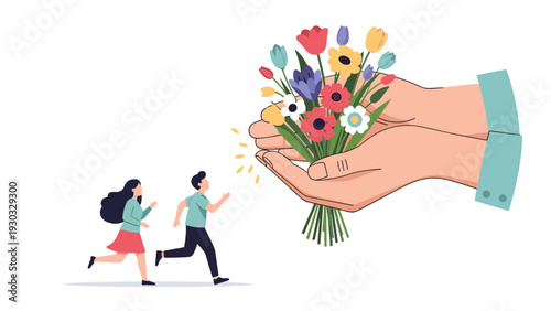 Couple running towards a pair of giant hands holding a beautiful bouquet of colorful flowers representing romance and a grand gesture of love.