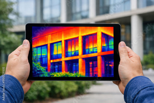 Thermal Imaging View of Modern House on Tablet Screen