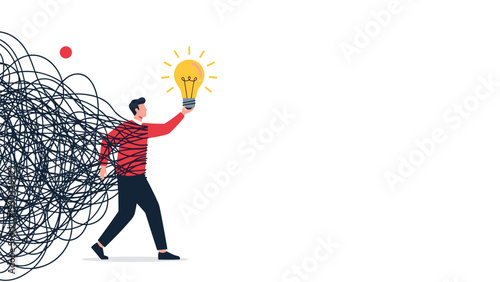 Man holding a glowing lightbulb as he walks out of a messy tangle of lines symbolizing the birth of a clear idea from a chaotic thought process.