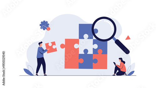 Team of researchers using a large magnifying glass to solve a complex puzzle representing detailed investigation and finding a smart solution.