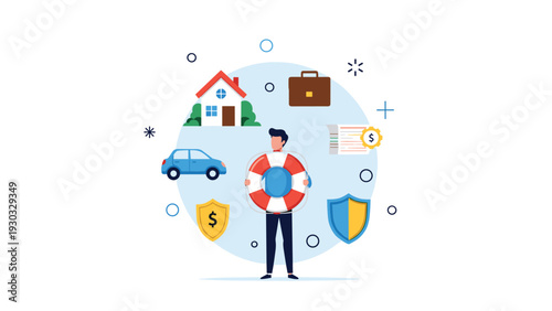 Man holding a lifebuoy while surrounded by icons of a house and car symbolizing insurance protection for personal assets and financial security.