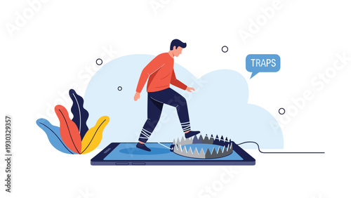 Man using a large smartphone as a path but walking directly into a metal bear trap representing the dangers and traps of excessive digital usage.