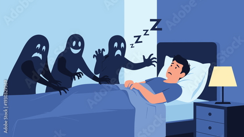 Scared man lying in bed and suffering from a nightmare with dark ghost figures looming over him representing sleep disorders and mental anxiety.