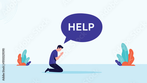 Desperate man kneeling on the ground and praying for assistance with a large help speech bubble above him in a minimalist outdoor setting.