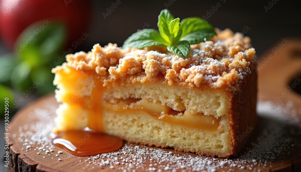 Naklejka premium Close-up of apple crumble cake slice. Fluffy cake layered with sweet apple filling and topped with streusel. Fresh mint garnish and caramel drizzle add appeal. Perfect dessert for autumn or any time.