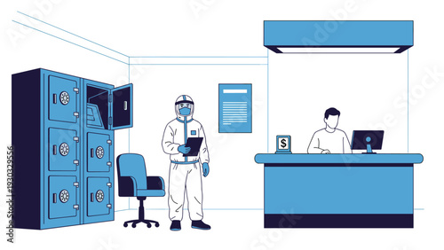 Scientist in a protective hazmat suit working in a secure facility near safe deposit boxes and a technician at a computer desk.