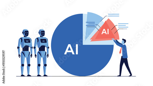 Business professional analyzing artificial intelligence market share represented by a large pie chart alongside humanoid assistant robots.
