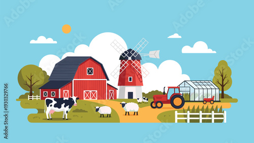 Rural farm landscape featuring a classic red barn, windmill, greenhouse, tractor, and various livestock including cows and sheep in fields.