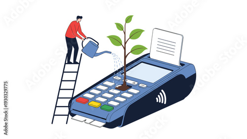 Economic growth concept showing a man on a ladder watering a green plant growing out of a modern credit card payment terminal.