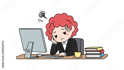 A frustrated individual with red hair sitting at a desk with a laptop, books, and coffee cup