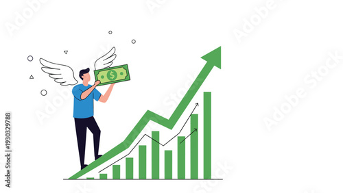Successful investor with angel wings climbing a rising green financial growth chart while holding a large dollar bill as a reward.