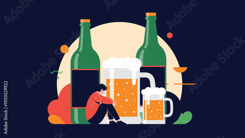 Person sitting alone and depressed surrounded by oversized bottles and mugs of beer depicting the struggle with alcohol addiction.