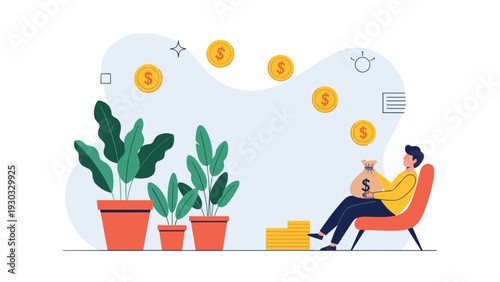 Rich man sitting in a lounge chair holding a bag of money while gold coins float around him near lush green indoor potted plants.