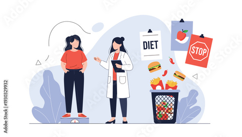 Doctor in a white lab coat providing diet advice to a female patient who is standing on a scale to monitor her weight loss progress.