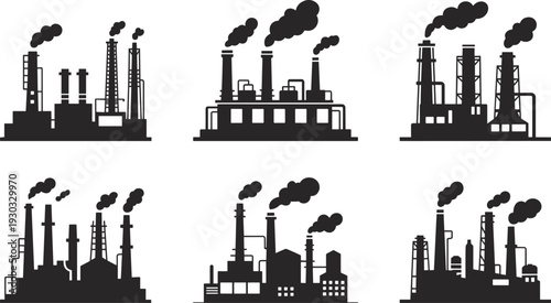 Industrial factory silhouettes set featuring power plant refinery and manufacturing buildings with smoke stacks isolated vector illustration collection