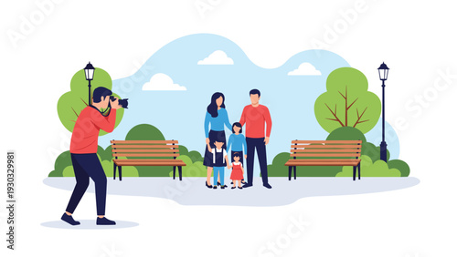 Professional photographer capturing a portrait of a happy family with young children outdoors in a scenic park with trees and benches.