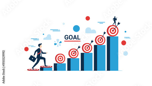 Driven businessman climbing a bar graph toward the ultimate goal with each step marked by targets and arrows indicating progress.