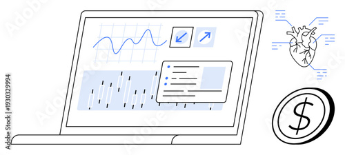 Financial planning, health tracking, data analytics, medical technology, stock market, business operations. Laptop screen with graphs, charts dollar sign and heart illustration. Financial planning