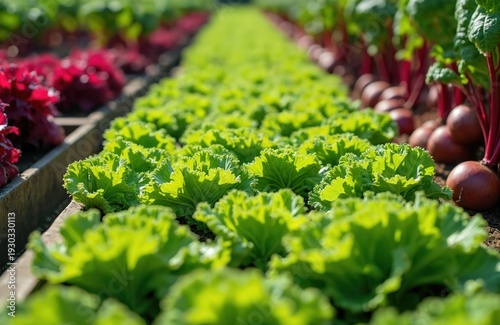 Rows of fresh escarole and beets grow in garden beds. Healthy organic vegetables mature under bright sunlight, ready for harvesting in urban farming settings.