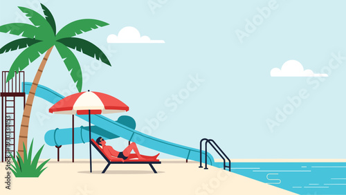 Leisure summer vacation scene with a man sunbathing on a lounge chair by a swimming pool featuring a large blue water slide and palms.
