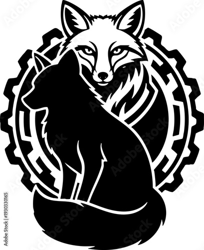 Black White Fox Head and Silhouette Gear Logo