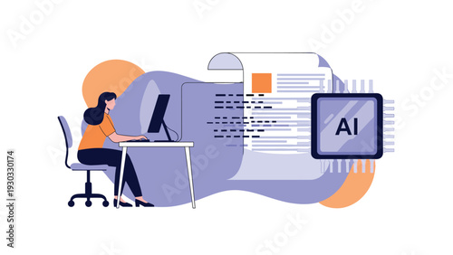 Female professional using artificial intelligence to analyze a digital document with a large AI microchip icon representing smart data.