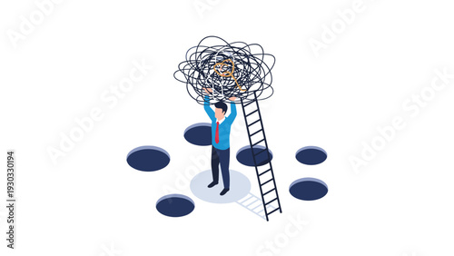 Problem solving concept with a businessman holding a giant tangled mess of wires containing a hidden gold key above several holes.