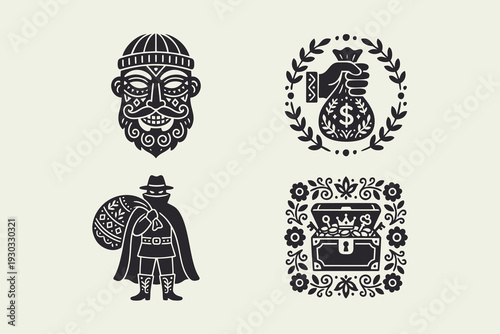 Stylized Icons: Bandit, Money Bag, Thief, and Treasure Chest