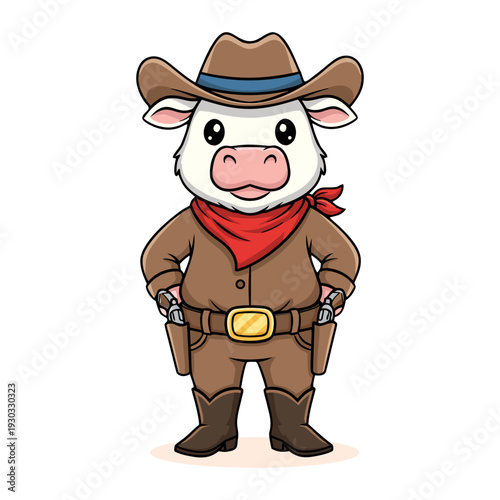 Cute Cow Character Dressed as a Cowboy or Western Sheriff Illustration