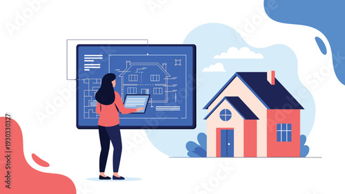 Female architect using digital tablet to design house floor plan on large interactive screen demonstrating modern construction technology and planning.