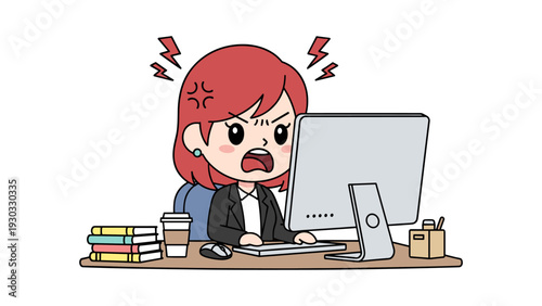 A stressed office worker with red hair sits at a desk with a computer and books