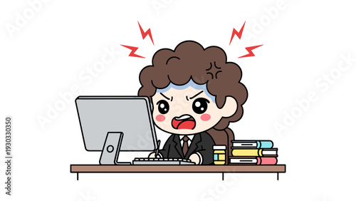 An angry office worker with disheveled hair sits at a desk with a laptop, books, and a coffee cup