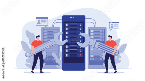 IT specialists using large tools to maintain data center server racks symbolizing technical support database management and infrastructure repair.