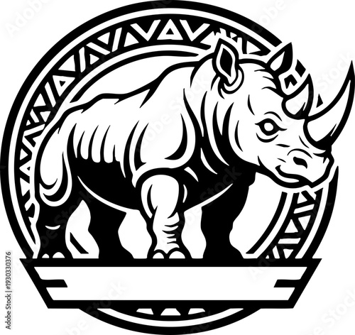Black and White Rhinoceros Illustration with Tribal Emblem