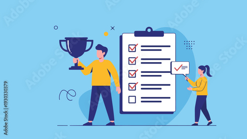 Successful businessman holding gold trophy standing next to giant checklist representing task completion and achievement of professional career goals.