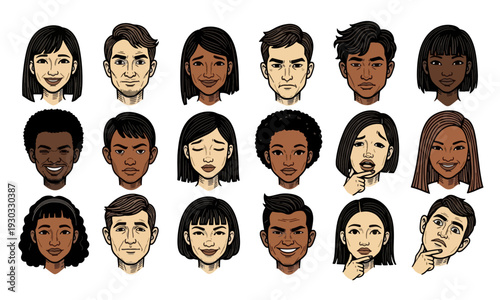 Diverse collection of expressive cartoon faces with various emotions