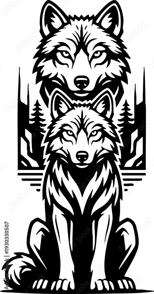 Fototapeta premium Two Stylized Wolves Graphic Illustration with Forest Elements
