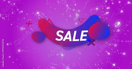 Sparkles pulsing, central gradient banner revealing SALE while spheres shifting to attract buyers