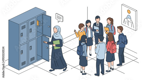 Diverse group of school students interacting in hallway with metal lockers featuring a girl in hijab illustrating inclusive education and social environment.